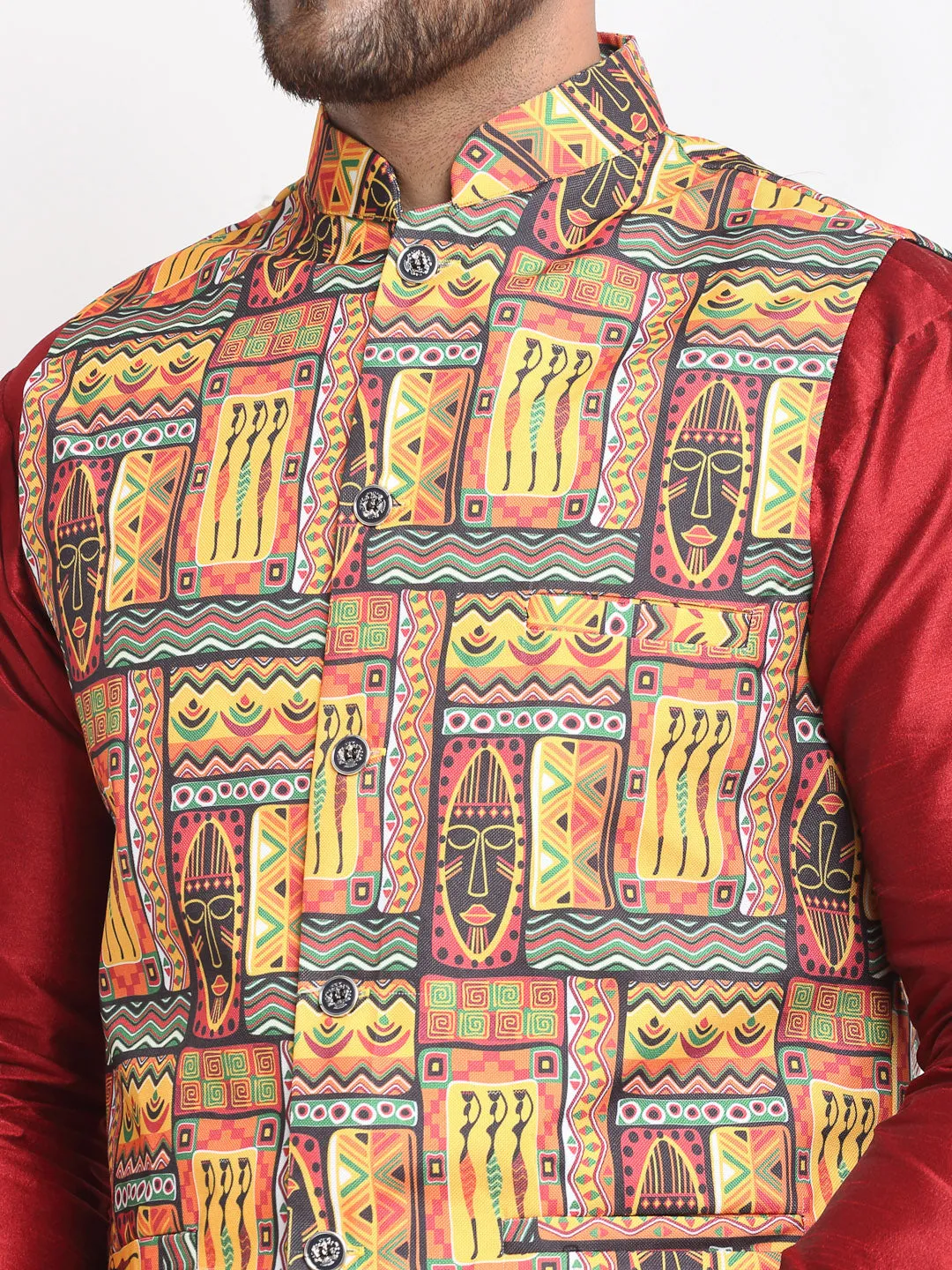 Men's Silk Blend Maroon Kurta With Pyjama & Yellow Printed Nehru Jacket - Benstoke