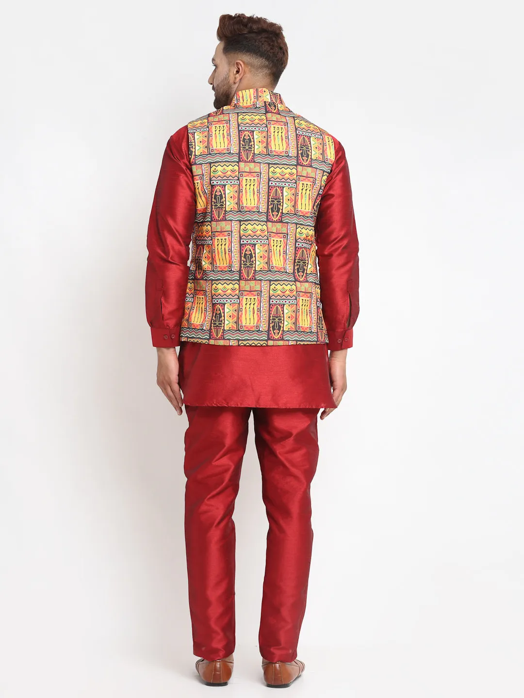 Men's Silk Blend Maroon Kurta With Pyjama & Yellow Printed Nehru Jacket - Benstoke