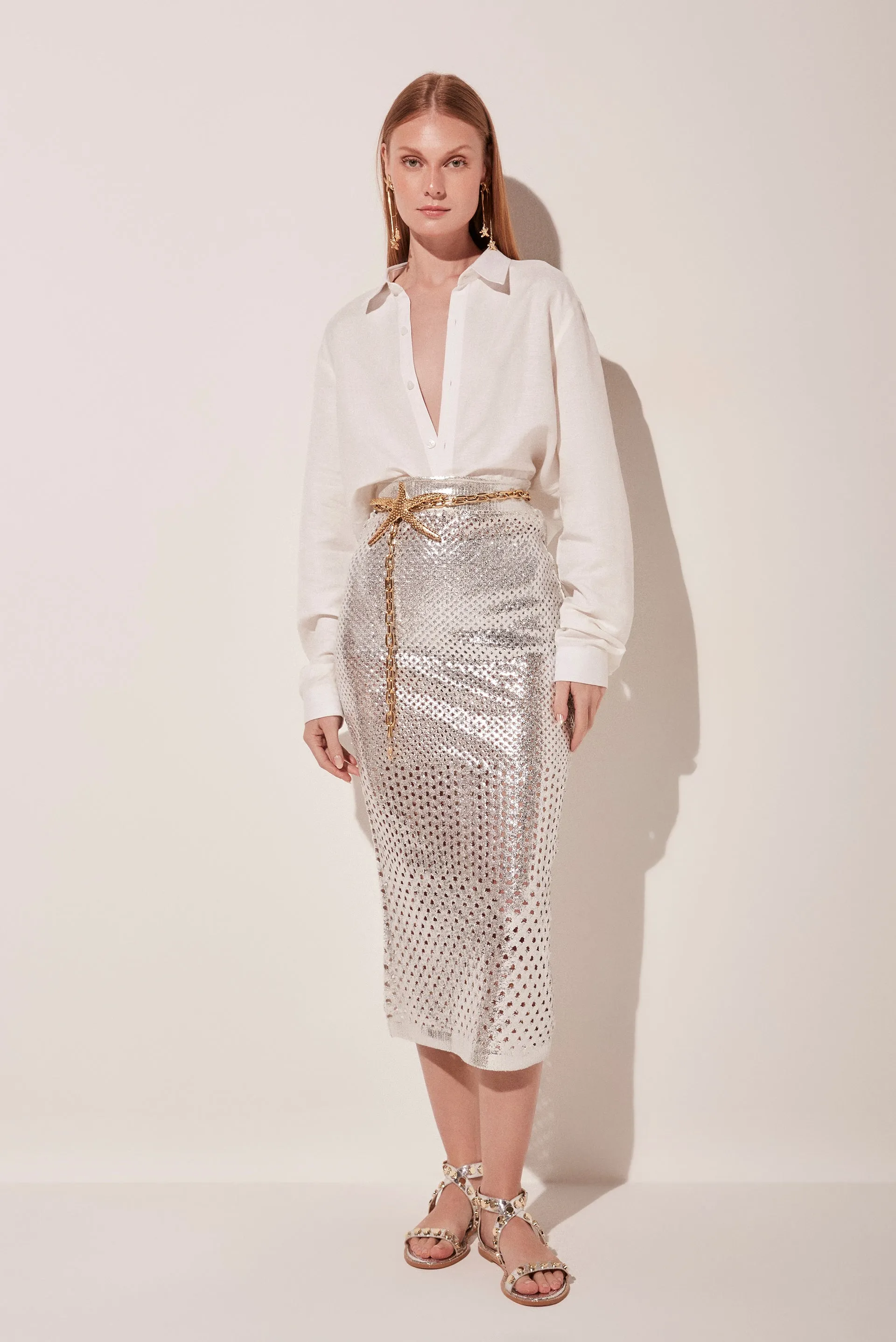 Metallic Tricot Midi Pencil Skirt E4763A1822