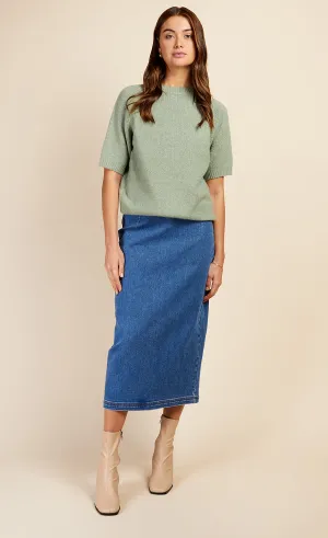 Mid-Blue Denim Midi Pencil Skirt by Vogue Williams