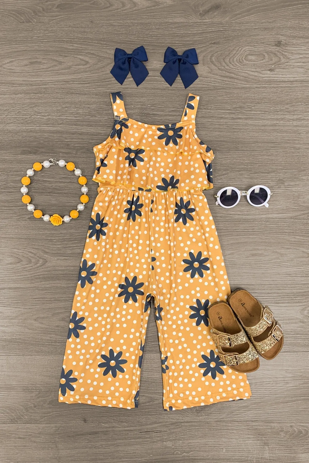 Mustard Polka Dot & Flower Ruffle Jumpsuit