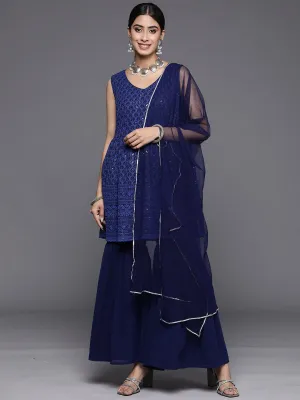Navy Blue Embroidered Georgette A-Line Sharara Suit Set With Dupatta