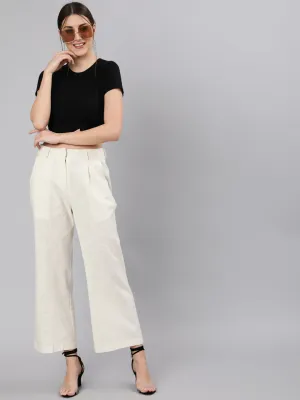 Off White Cotton Slub Flared High Rise Parallel Pants