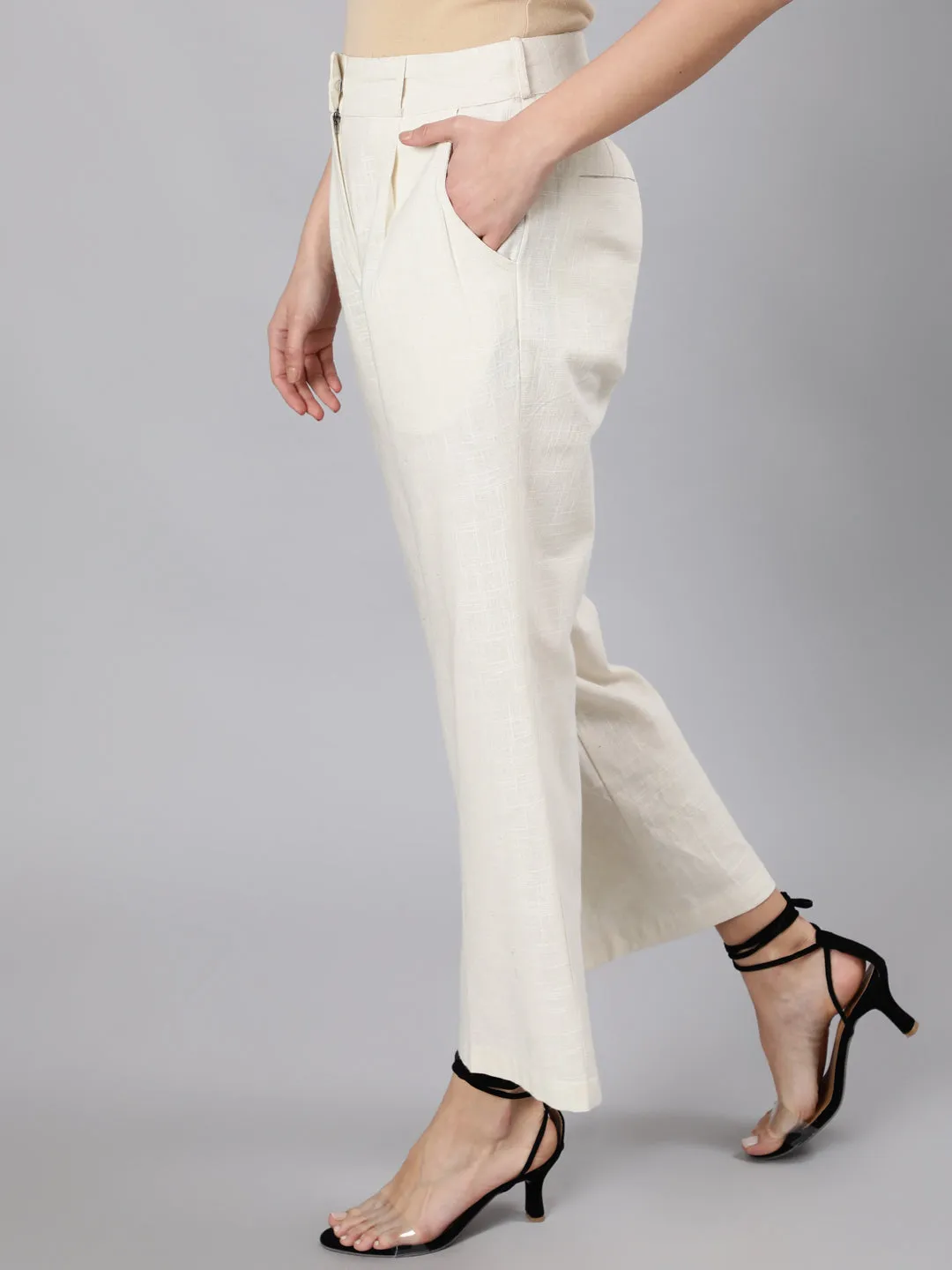 Off White Cotton Slub Flared High Rise Parallel Pants