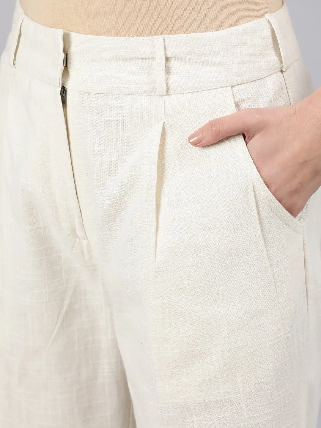 Off White Cotton Slub Flared High Rise Parallel Pants