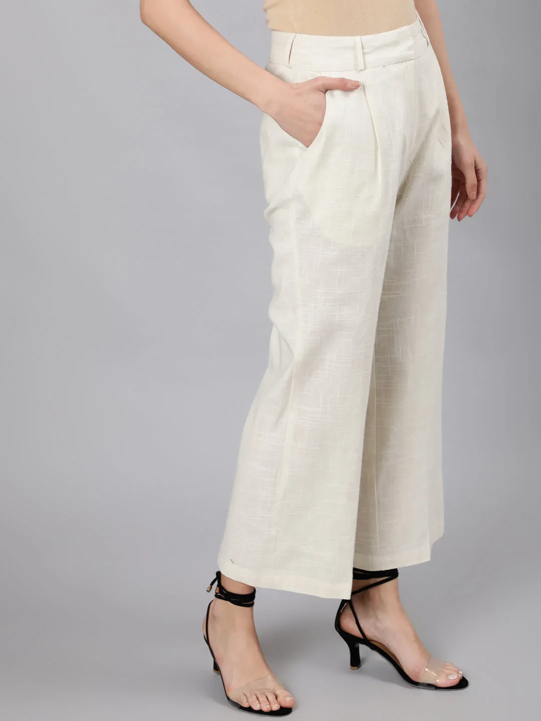 Off White Cotton Slub Flared High Rise Parallel Pants
