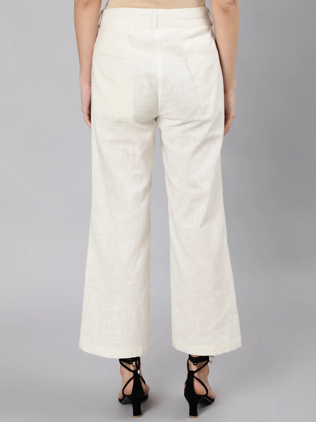 Off White Cotton Slub Flared High Rise Parallel Pants