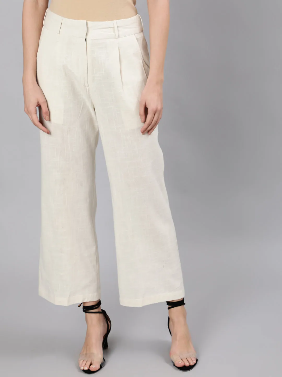 Off White Cotton Slub Flared High Rise Parallel Pants