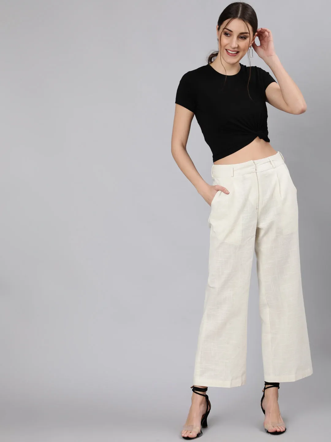 Off White Cotton Slub Flared High Rise Parallel Pants