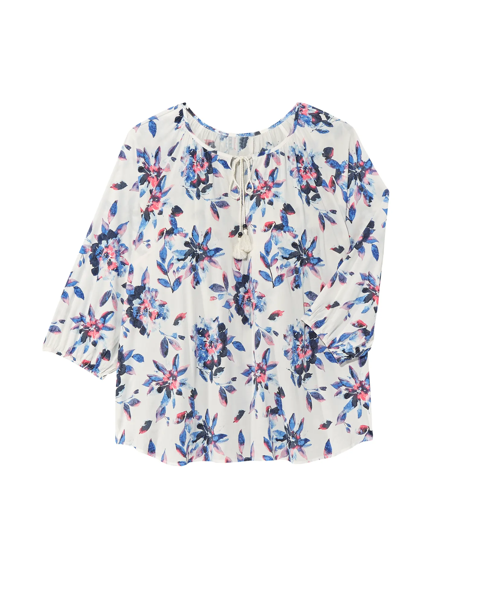 Ondine 3/4 Sleeve Peasant Blouse with Tassels | Ivory / Azure Blue