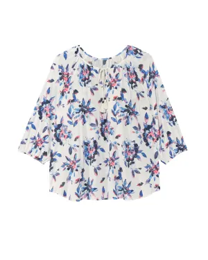 Ondine 3/4 Sleeve Peasant Blouse with Tassels | Ivory / Azure Blue