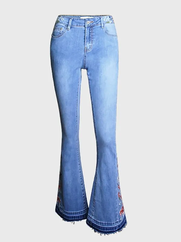 Pants Embroidered Denim Flared Jeans for Women