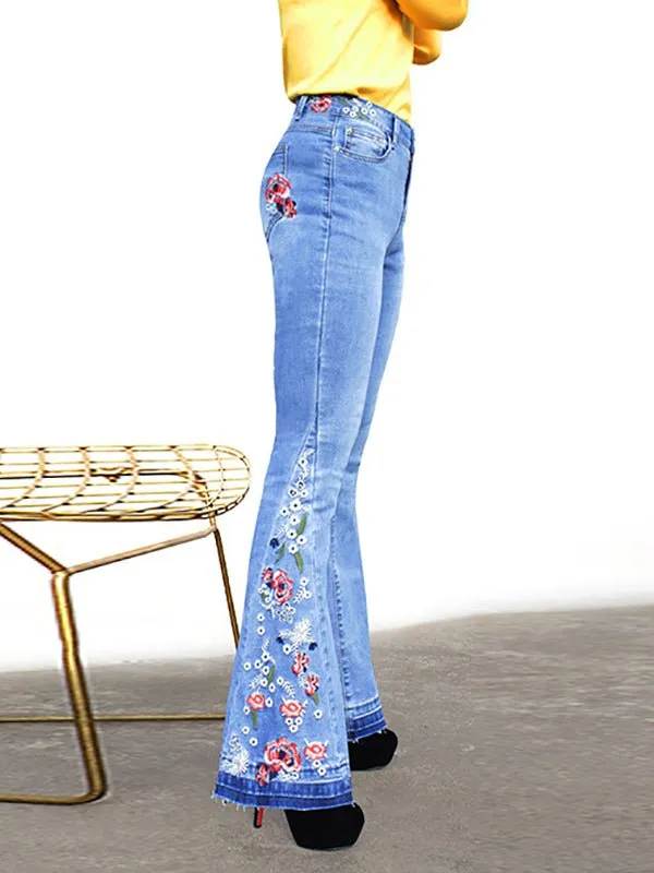 Pants Embroidered Denim Flared Jeans for Women
