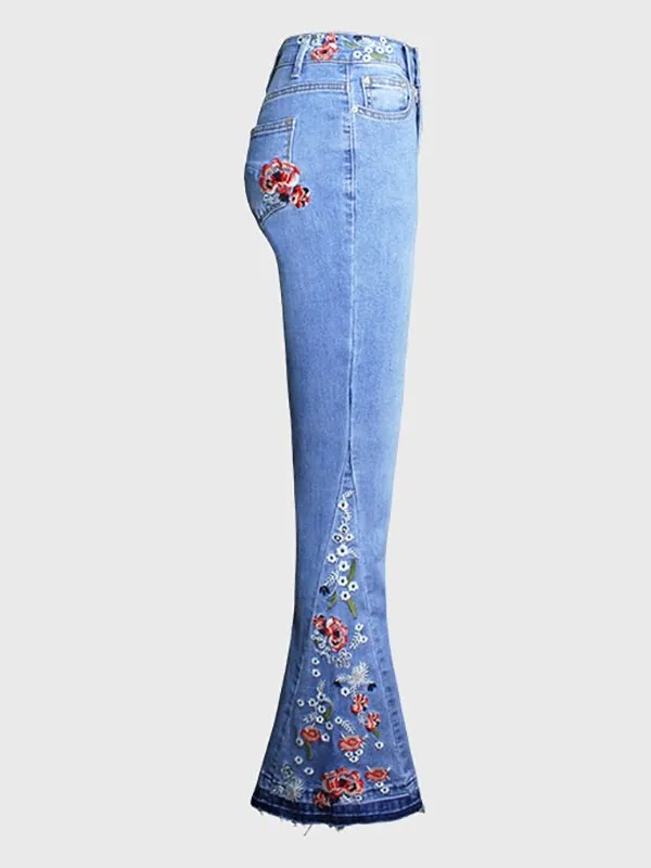 Pants Embroidered Denim Flared Jeans for Women