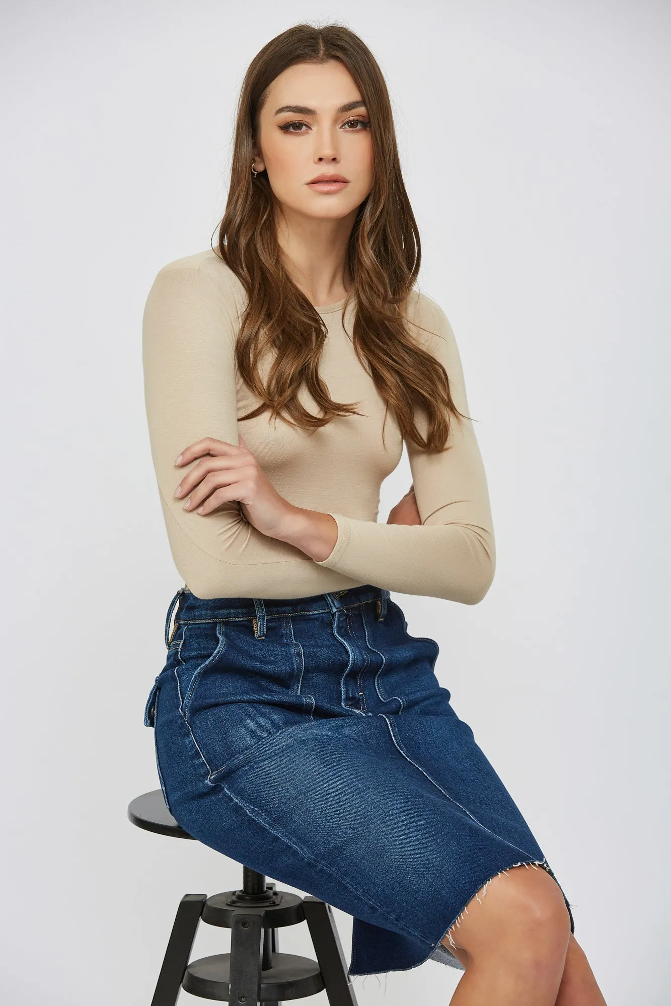 [PEYTON] Dark Wash Porkchop Pocket High Waist Mini Skirt