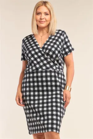 Plus Size Checkered Fitted Plunge V-Neck Dress