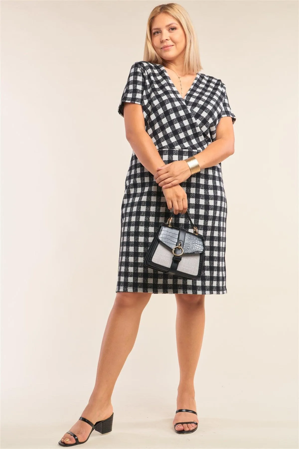 Plus Size Checkered Fitted Plunge V-Neck Dress
