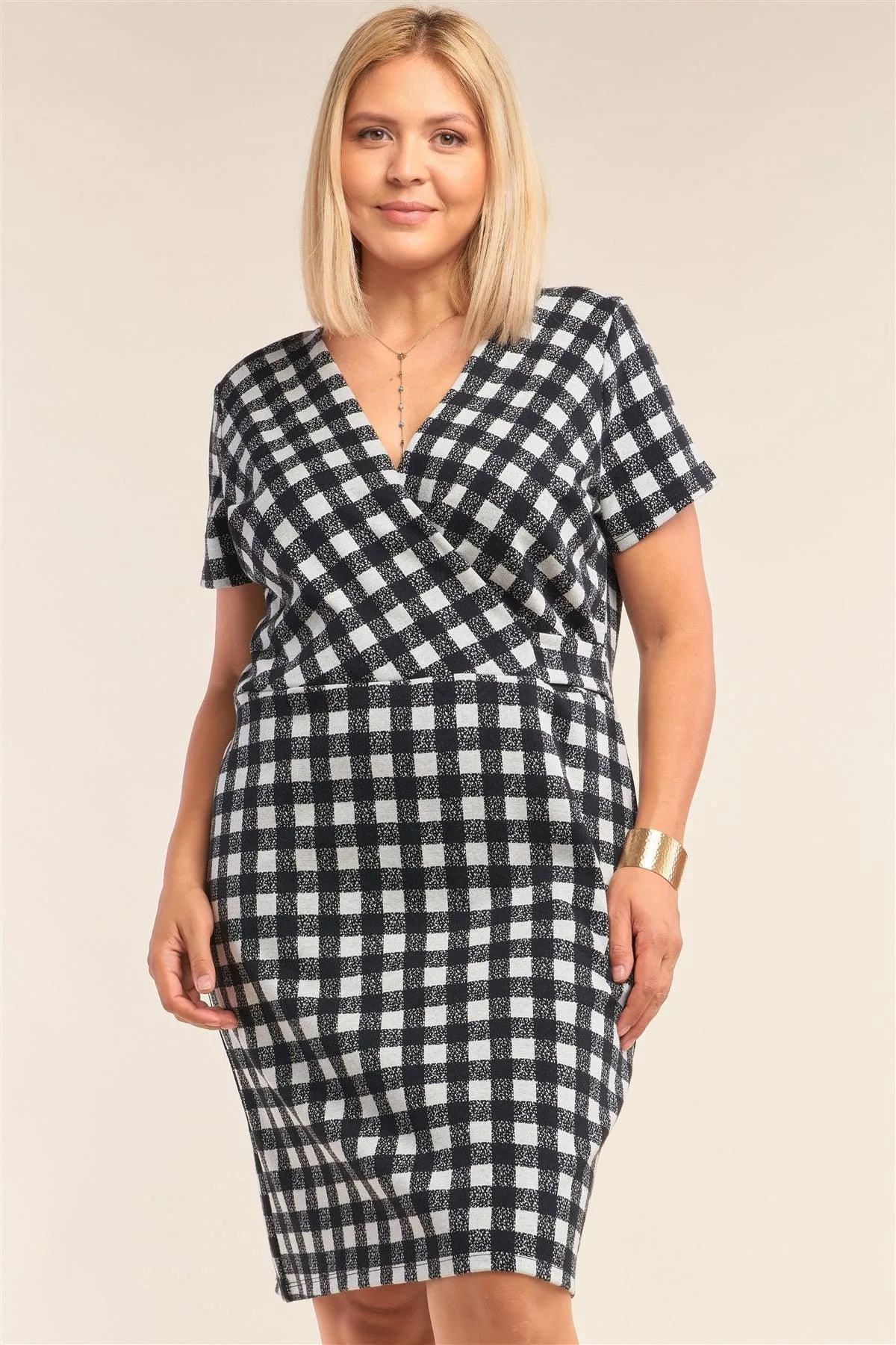 Plus Size Checkered Fitted Plunge V-Neck Dress