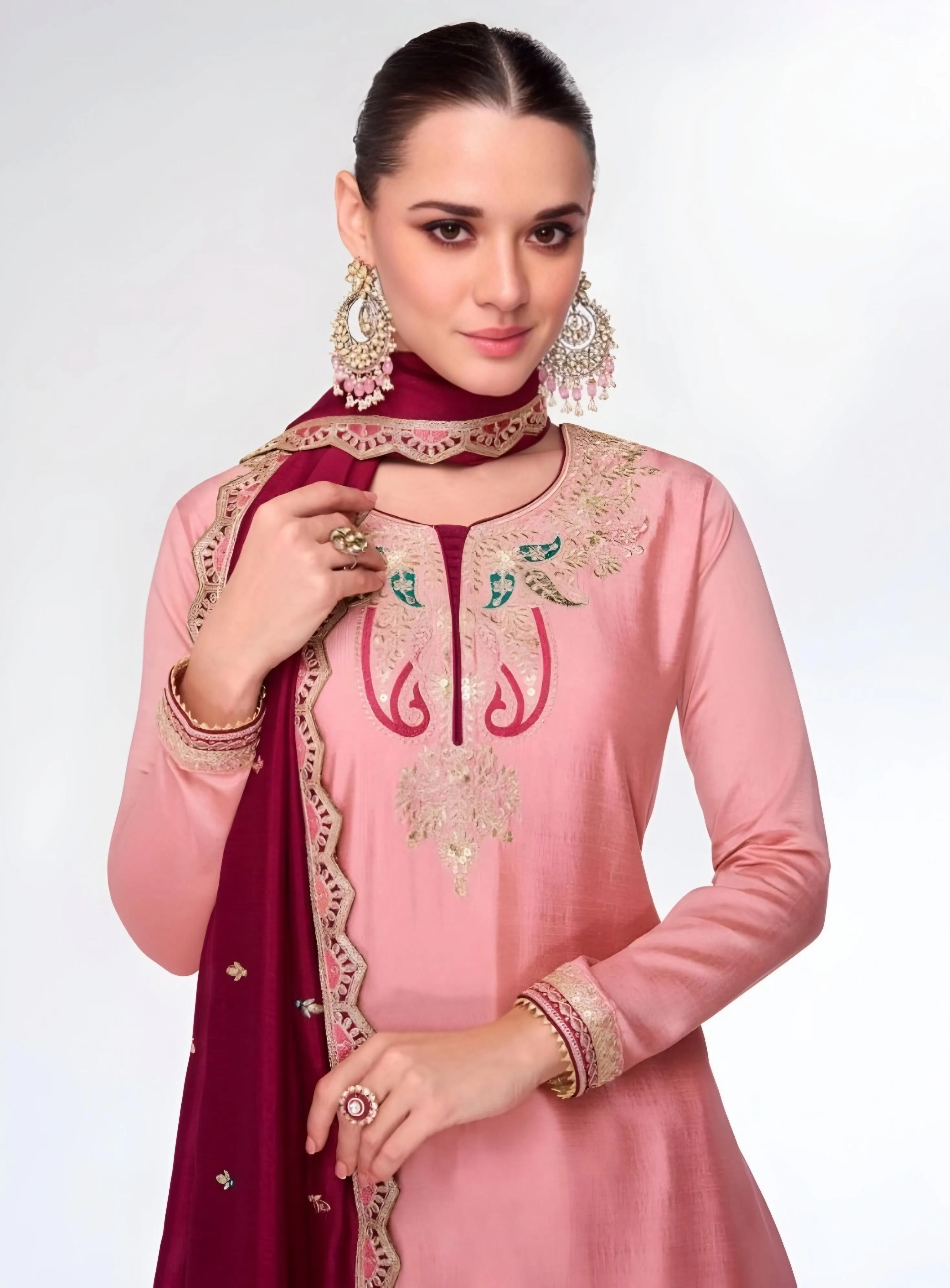 Premium Silk Embroidered Lehenga Suit Pink and Red