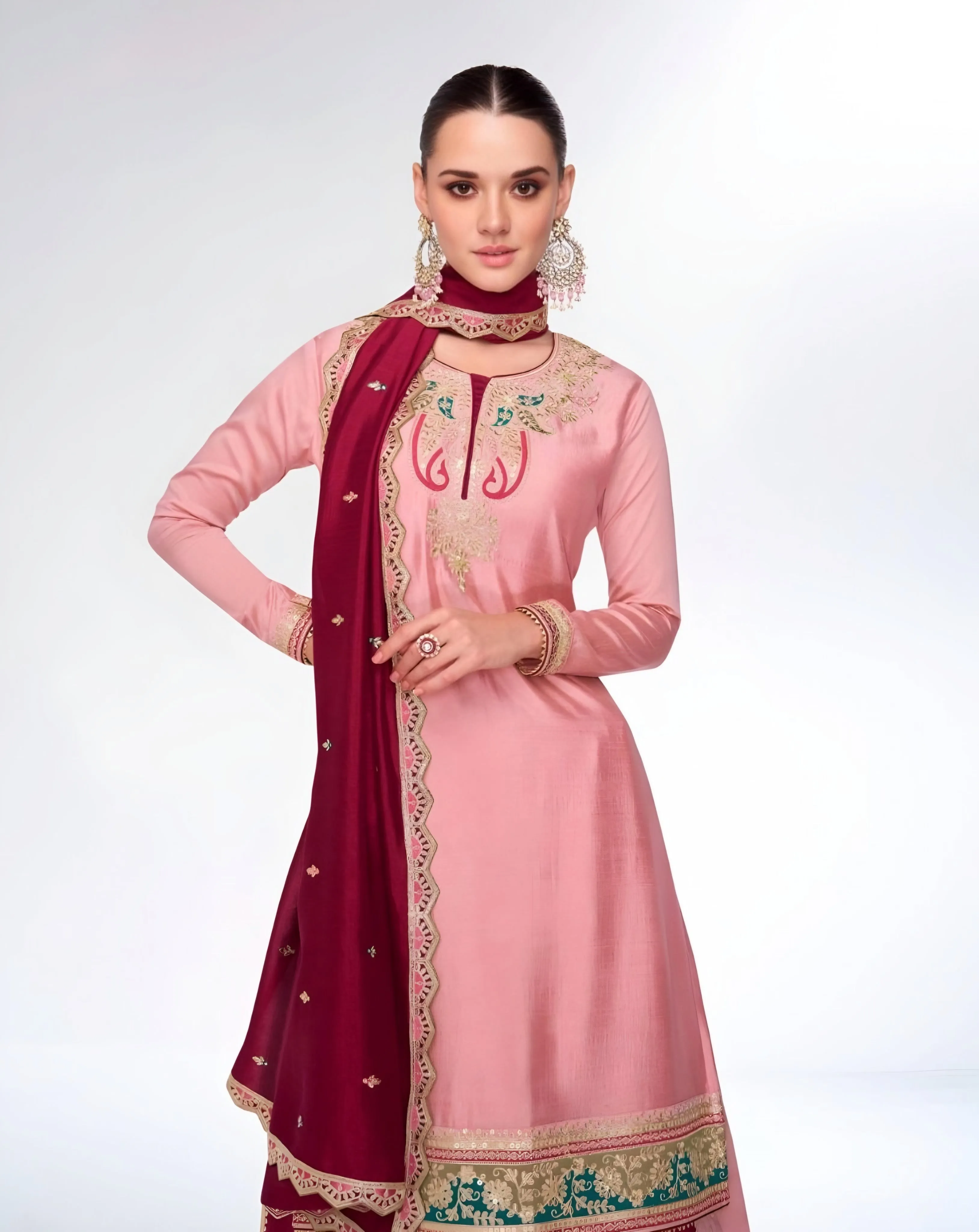 Premium Silk Embroidered Lehenga Suit Pink and Red