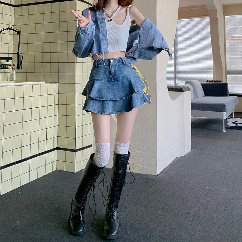 Ruffle Two Layer Denim Short Mini Skirt