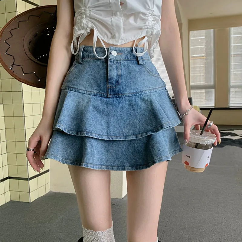 Ruffle Two Layer Denim Short Mini Skirt