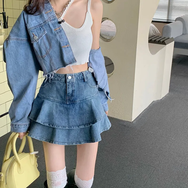 Ruffle Two Layer Denim Short Mini Skirt