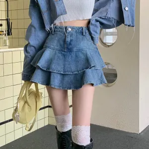 Ruffle Two Layer Denim Short Mini Skirt
