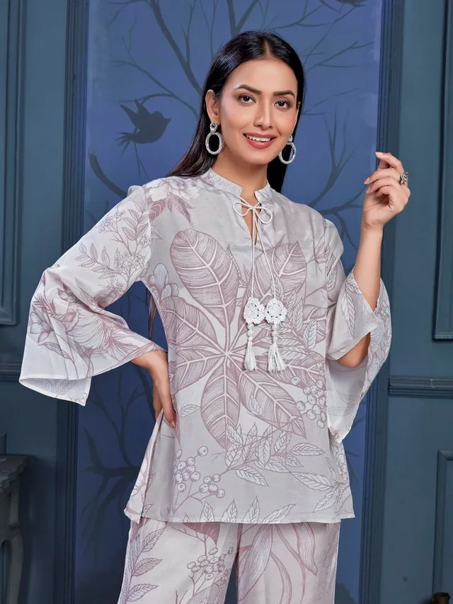 stylish monochromatic floral printed pure viscose natural crepe flare sleeves and mandarin collar neck tie-up drawstrings with tessels top pared with comfortable flare pants set - Gray