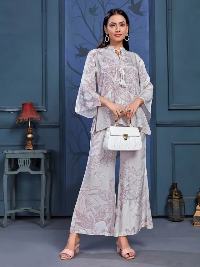 stylish monochromatic floral printed pure viscose natural crepe flare sleeves and mandarin collar neck tie-up drawstrings with tessels top pared with comfortable flare pants set - Gray