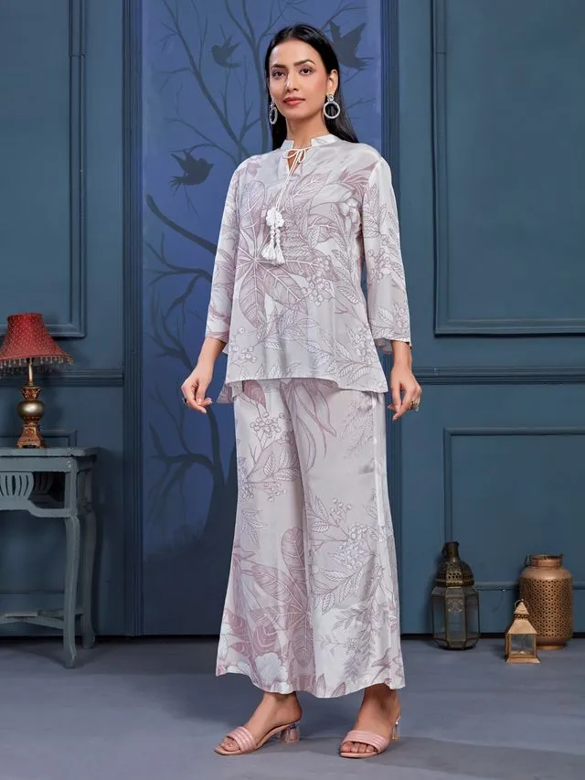 stylish monochromatic floral printed pure viscose natural crepe flare sleeves and mandarin collar neck tie-up drawstrings with tessels top pared with comfortable flare pants set - Gray