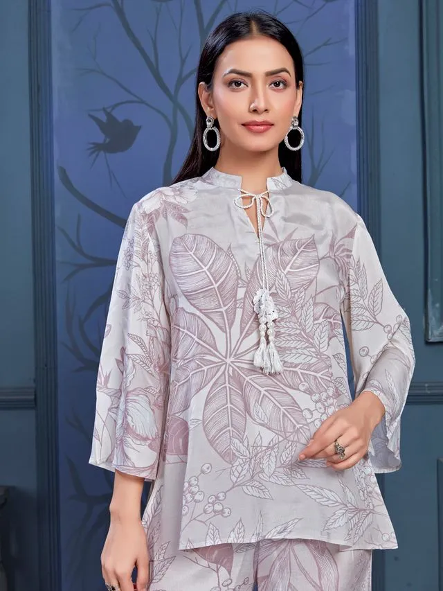 stylish monochromatic floral printed pure viscose natural crepe flare sleeves and mandarin collar neck tie-up drawstrings with tessels top pared with comfortable flare pants set - Gray