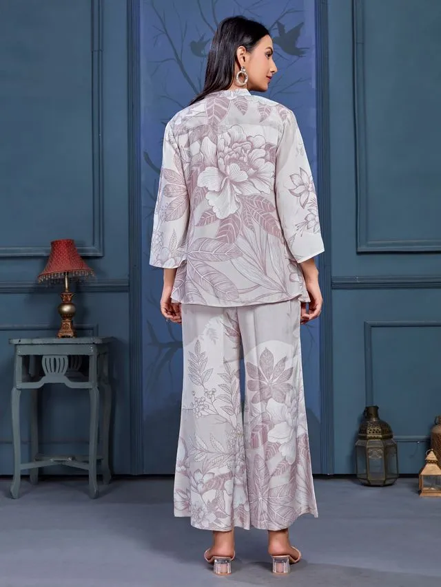 stylish monochromatic floral printed pure viscose natural crepe flare sleeves and mandarin collar neck tie-up drawstrings with tessels top pared with comfortable flare pants set - Gray