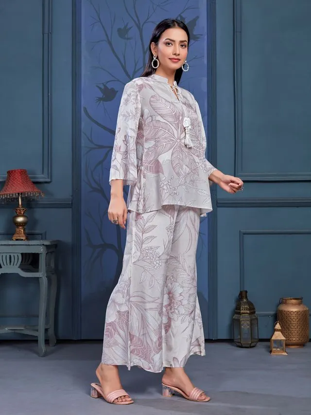 stylish monochromatic floral printed pure viscose natural crepe flare sleeves and mandarin collar neck tie-up drawstrings with tessels top pared with comfortable flare pants set - Gray