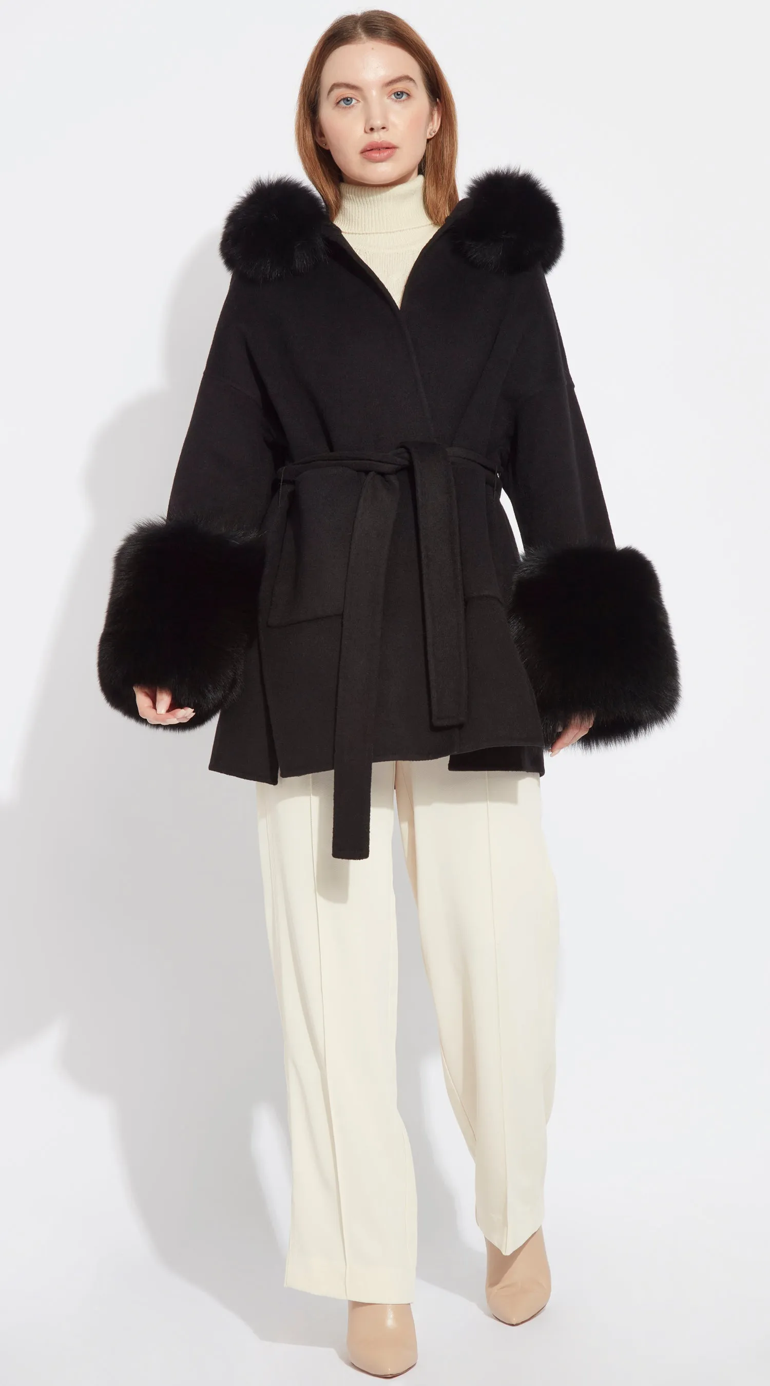 The London Cashmere & Fox Fur Belted/Cuffed Coat - Black