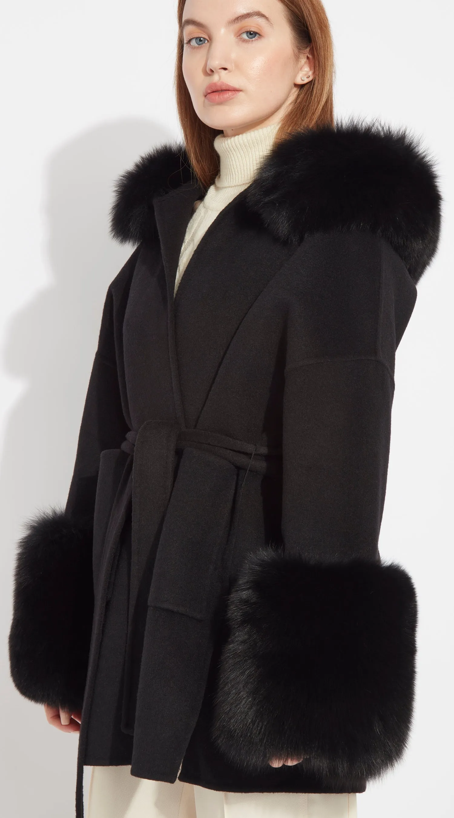 The London Cashmere & Fox Fur Belted/Cuffed Coat - Black