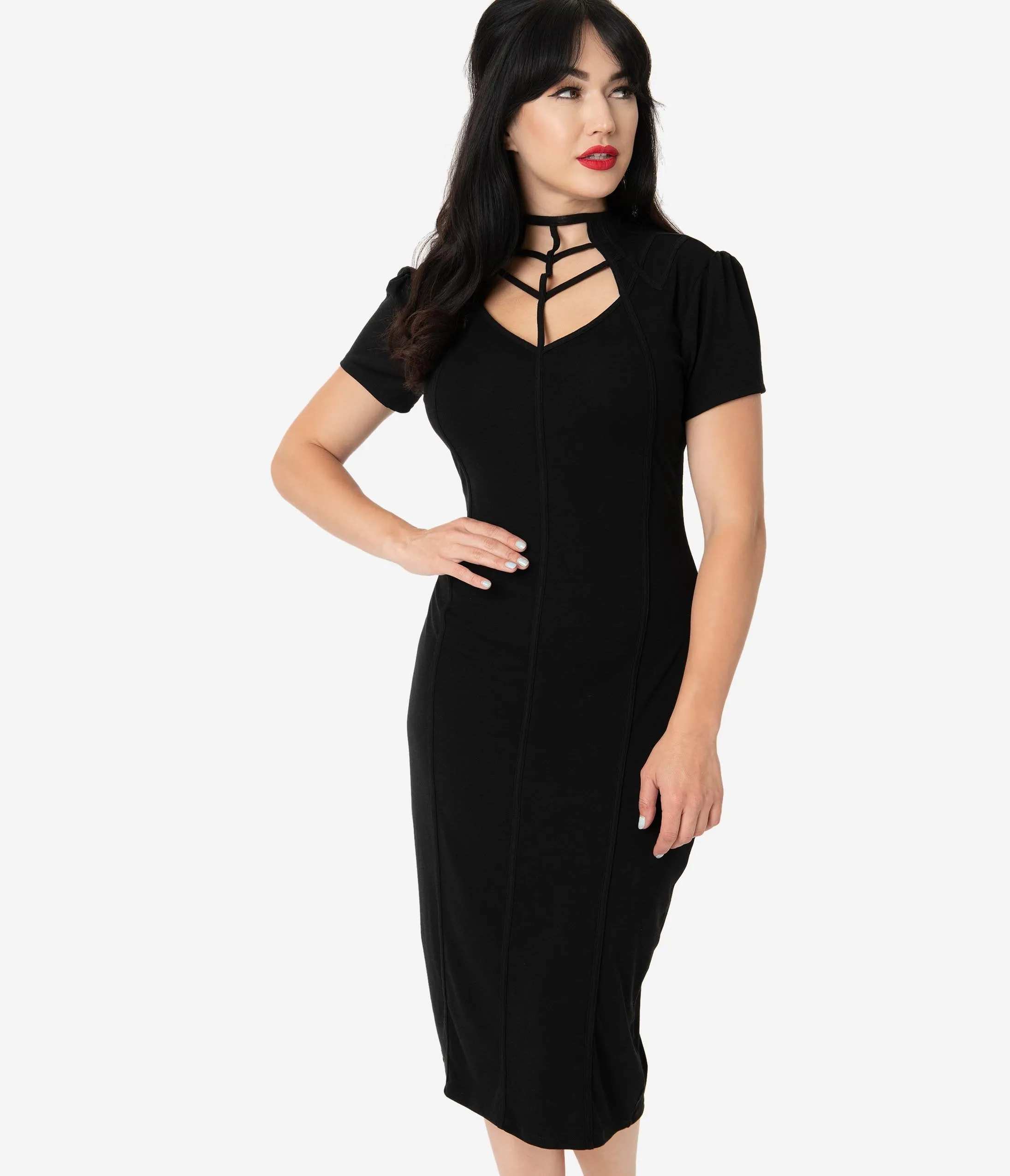 Unique Vintage 1960s Black Cage Allison Wiggle Dress