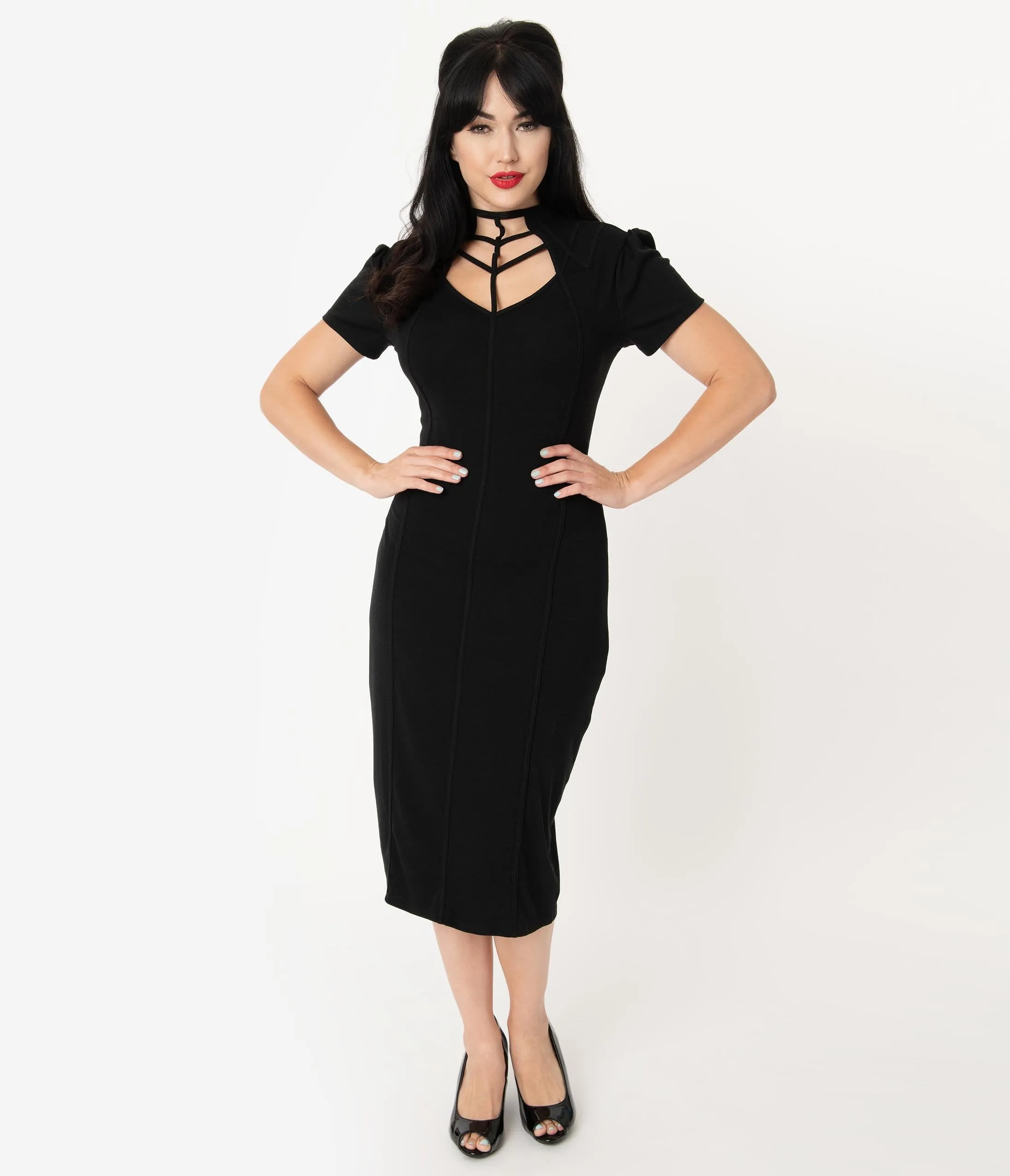 Unique Vintage 1960s Black Cage Allison Wiggle Dress