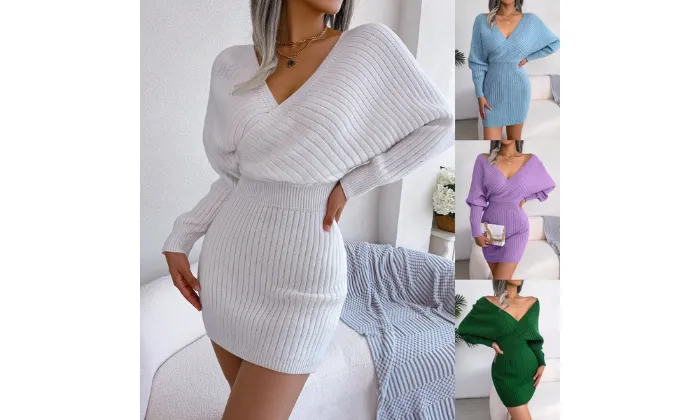 V-neck Batdress Dress With Buttocks, Sweater Dress