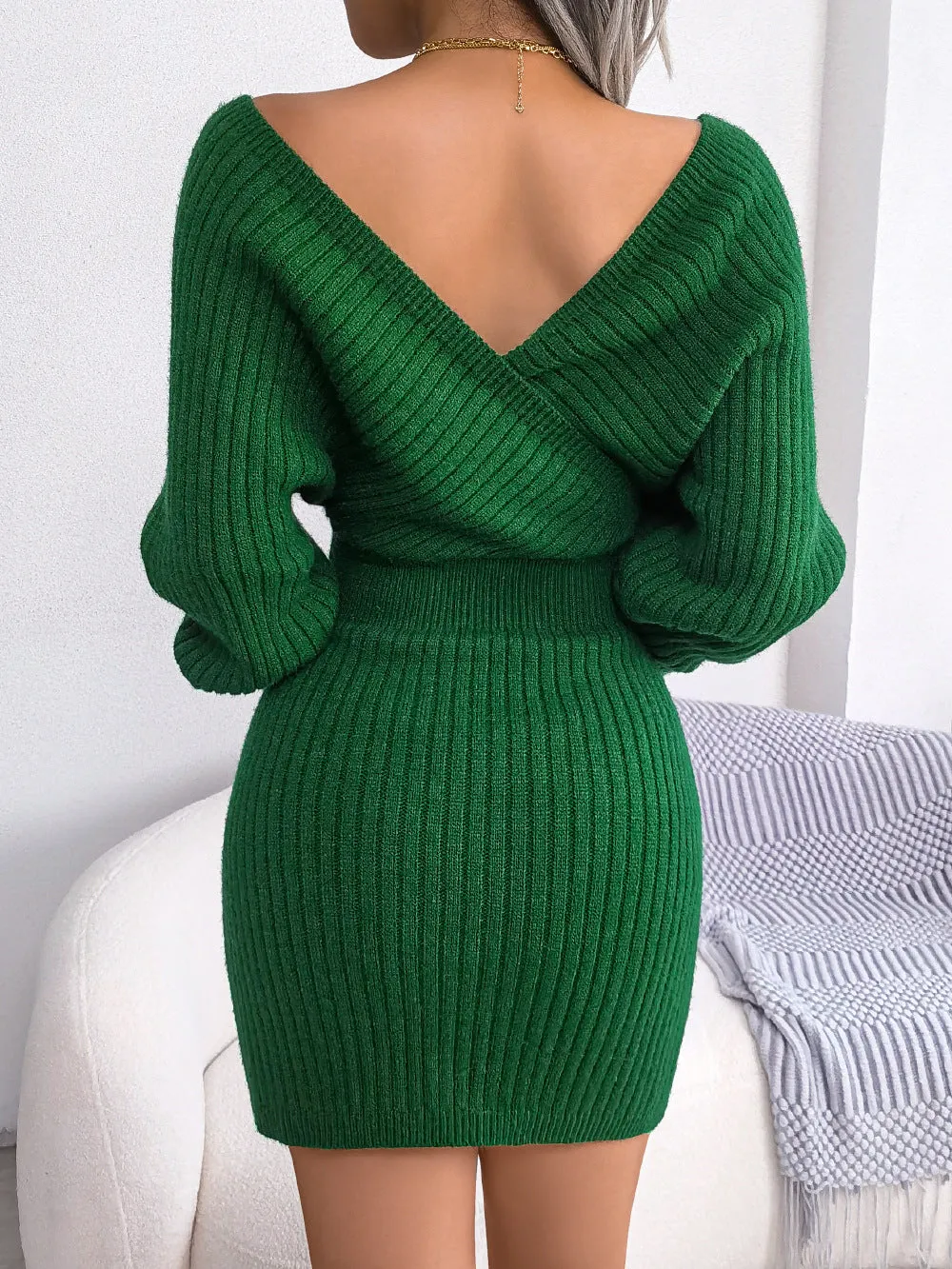 V-neck Batdress Dress With Buttocks, Sweater Dress