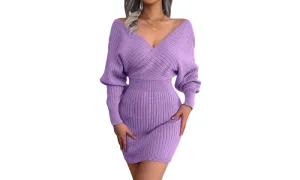 V-neck Batdress Dress With Buttocks, Sweater Dress