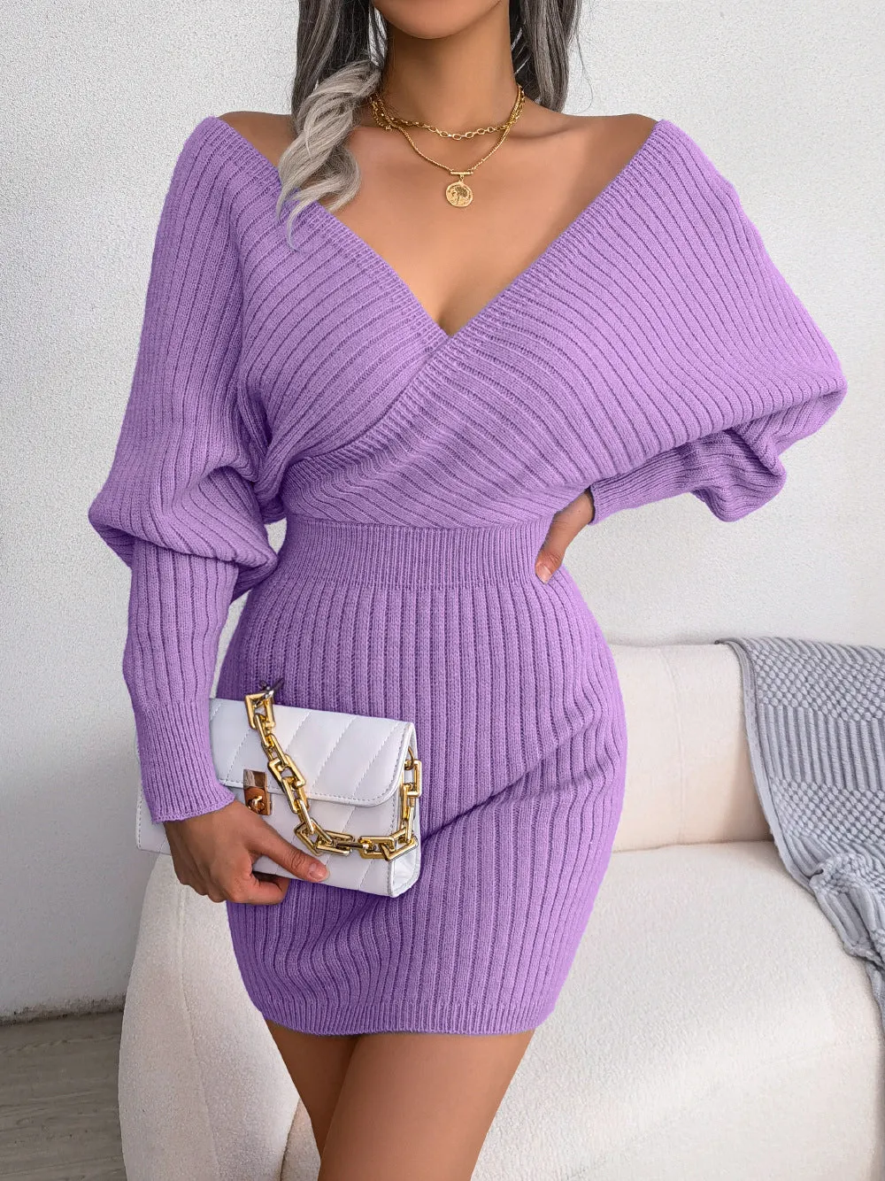 V-neck Batdress Dress With Buttocks, Sweater Dress