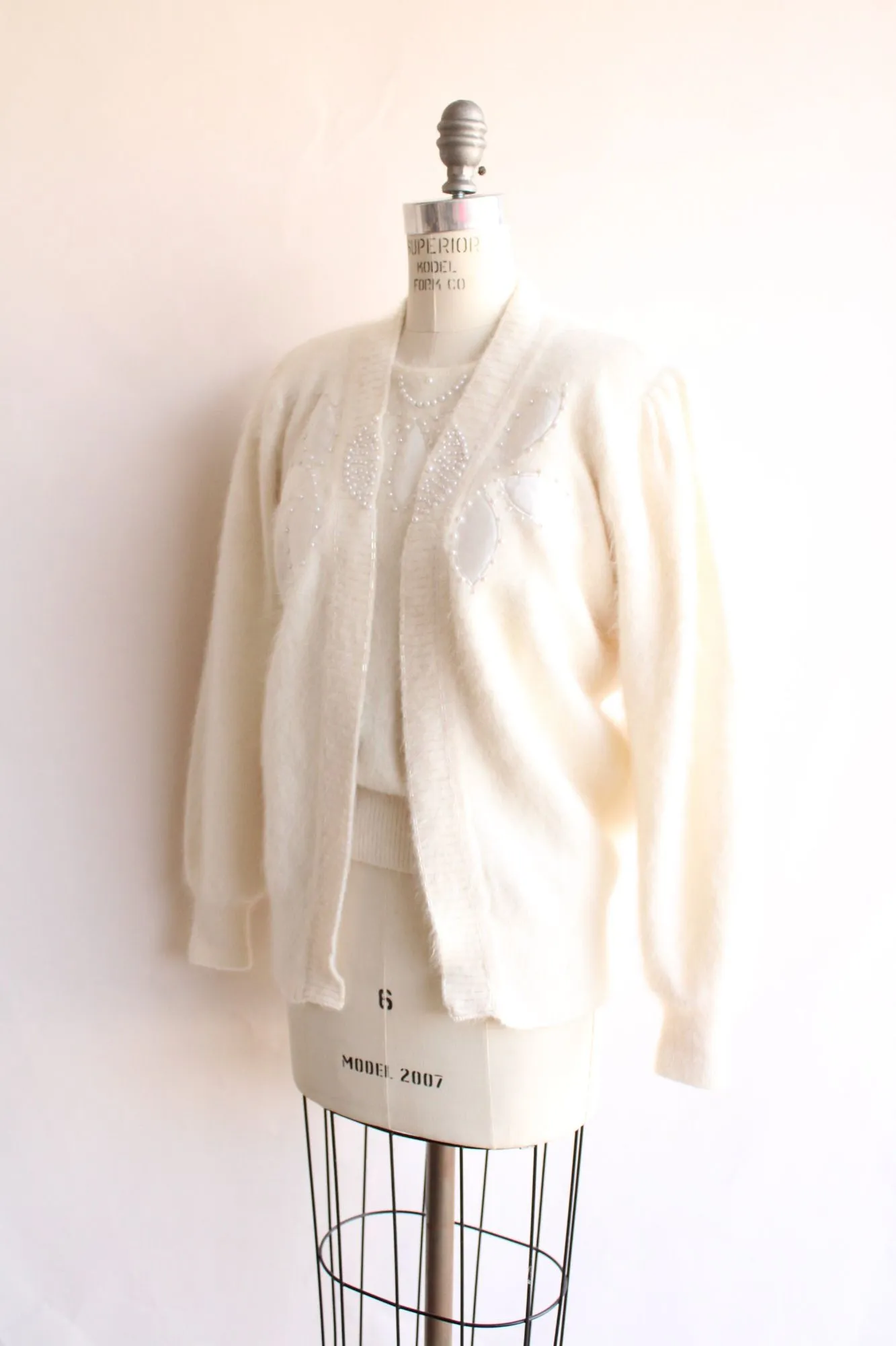 Vintage 1980s Ivory Angora Cardigan and Pullover Sweater Set