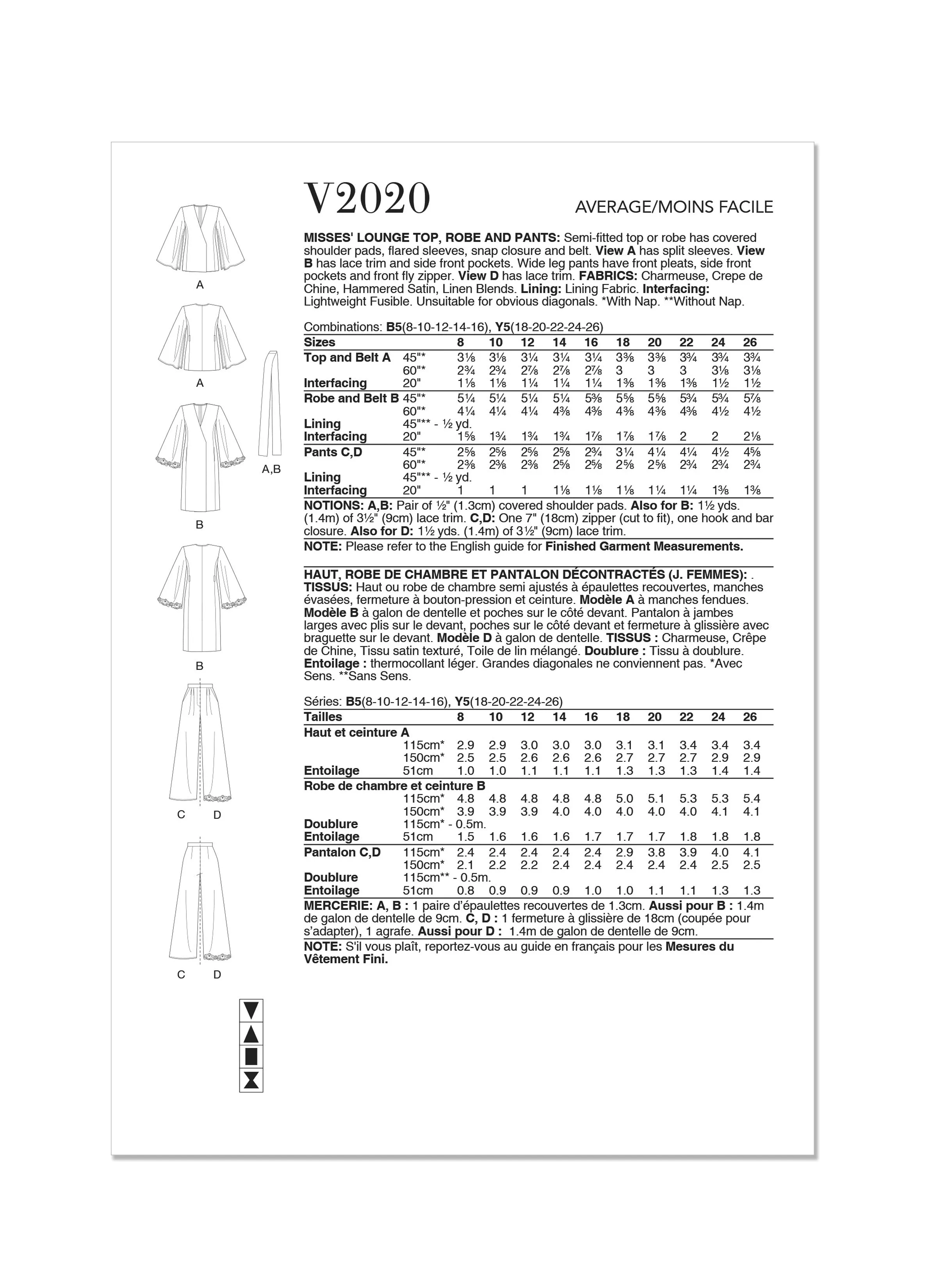 Vogue Sewing Pattern 2020 Misses' Lounge Top, Robe and Pants