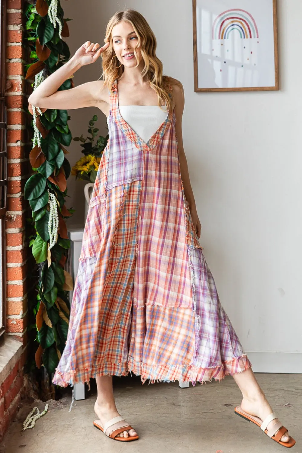 Washed Plaid Mix Jumpsuit