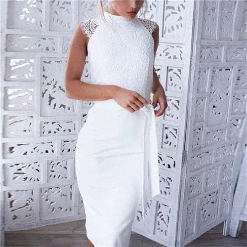 White Floral Lace Bodycon Pencil Dress