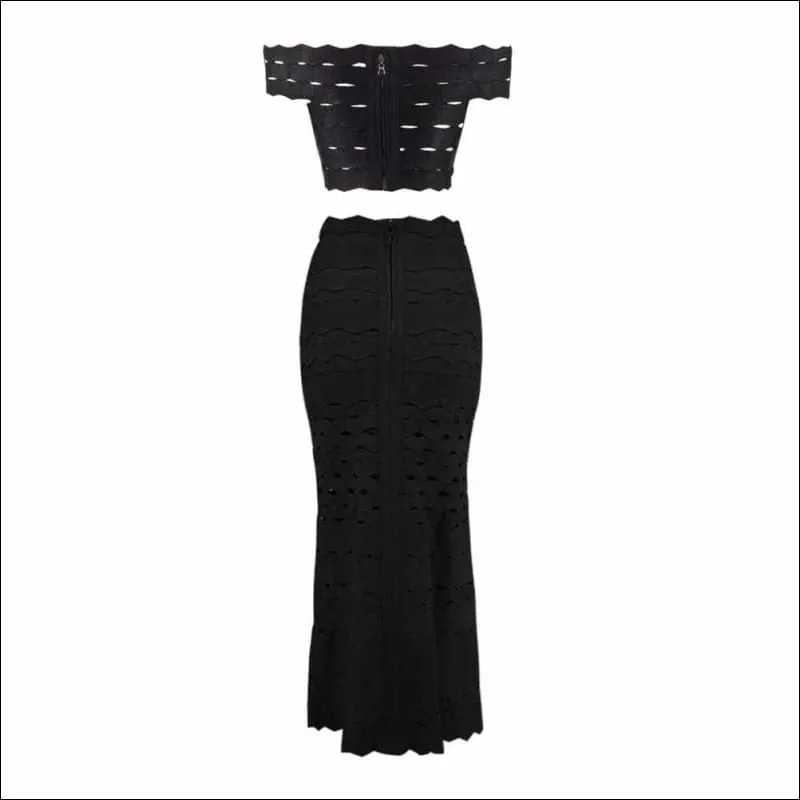 Winnal Bandage Color-Block Ruched Wave Hollow Cut Out Flared Pencil Skirt