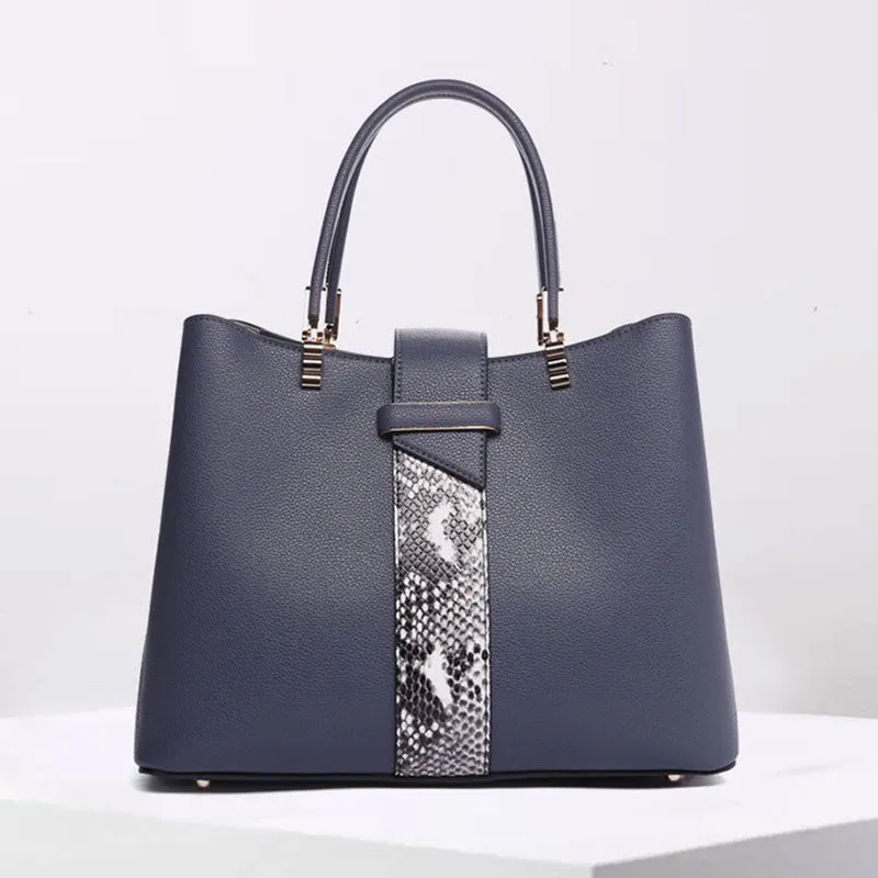 Women Elegant Handbag Snakeskin Texture Decor Durable Leather Tote