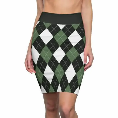 Women's Green and White Stretch Mini Pencil Skirt with Argyle Print
