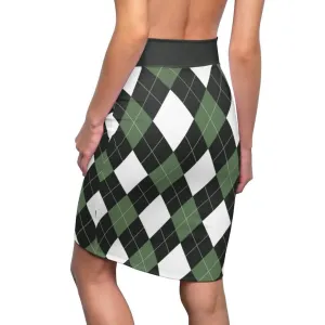 Women's Green and White Stretch Mini Pencil Skirt with Argyle Print